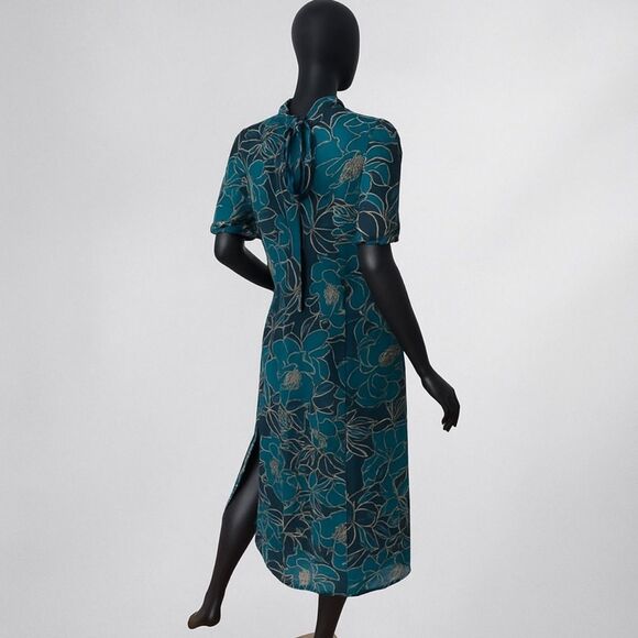 Julia Jordan Dress 16 Teal Floral Midi Puff Sleeve Slit Hem Nordstrom $1… - Picture 4 of 10